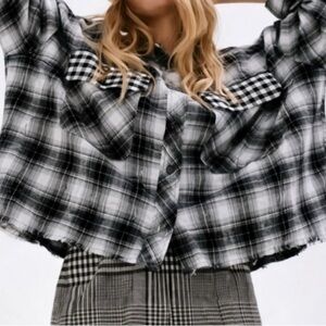 BDG Urban Outfitters Cropped Flannel Shirt Black White Plaid - XS